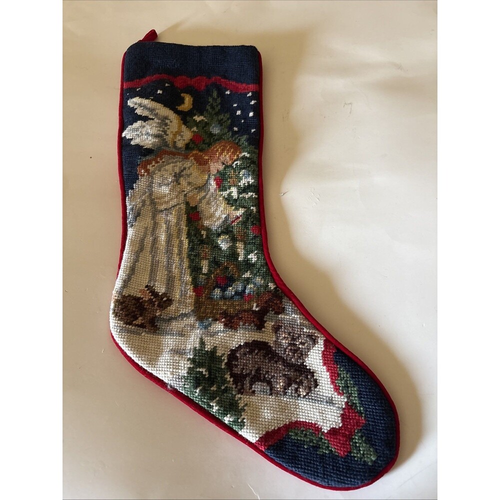 EUC VTG Land Ends Wool Needlepoint Stocking Angel Christmas Red Velvet